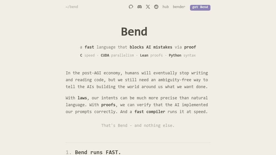 Screenshot of bend-lang.com: Bend – A language that blocks AI mistakes via proof, on CPU and GPU