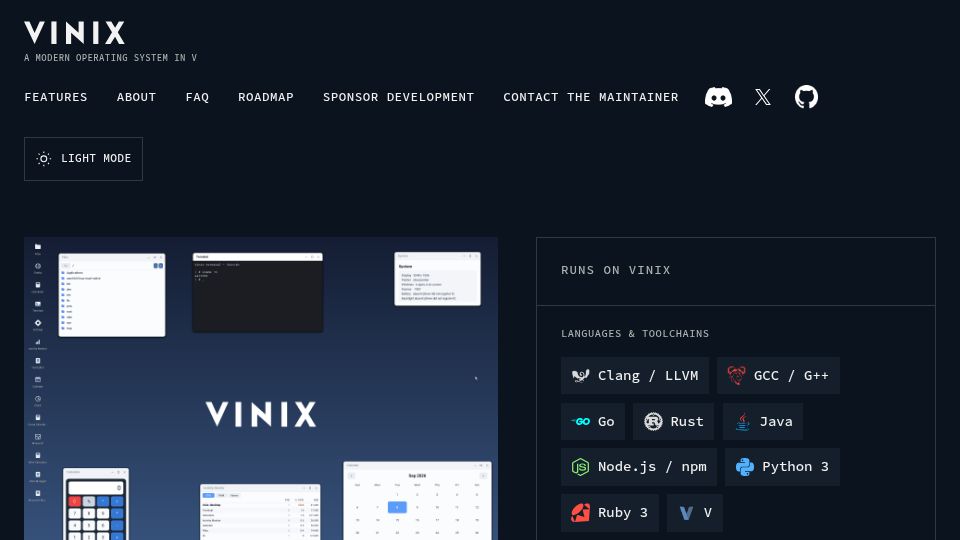 Screenshot of vinix-os.org: Vinix – A modern operating system written in V