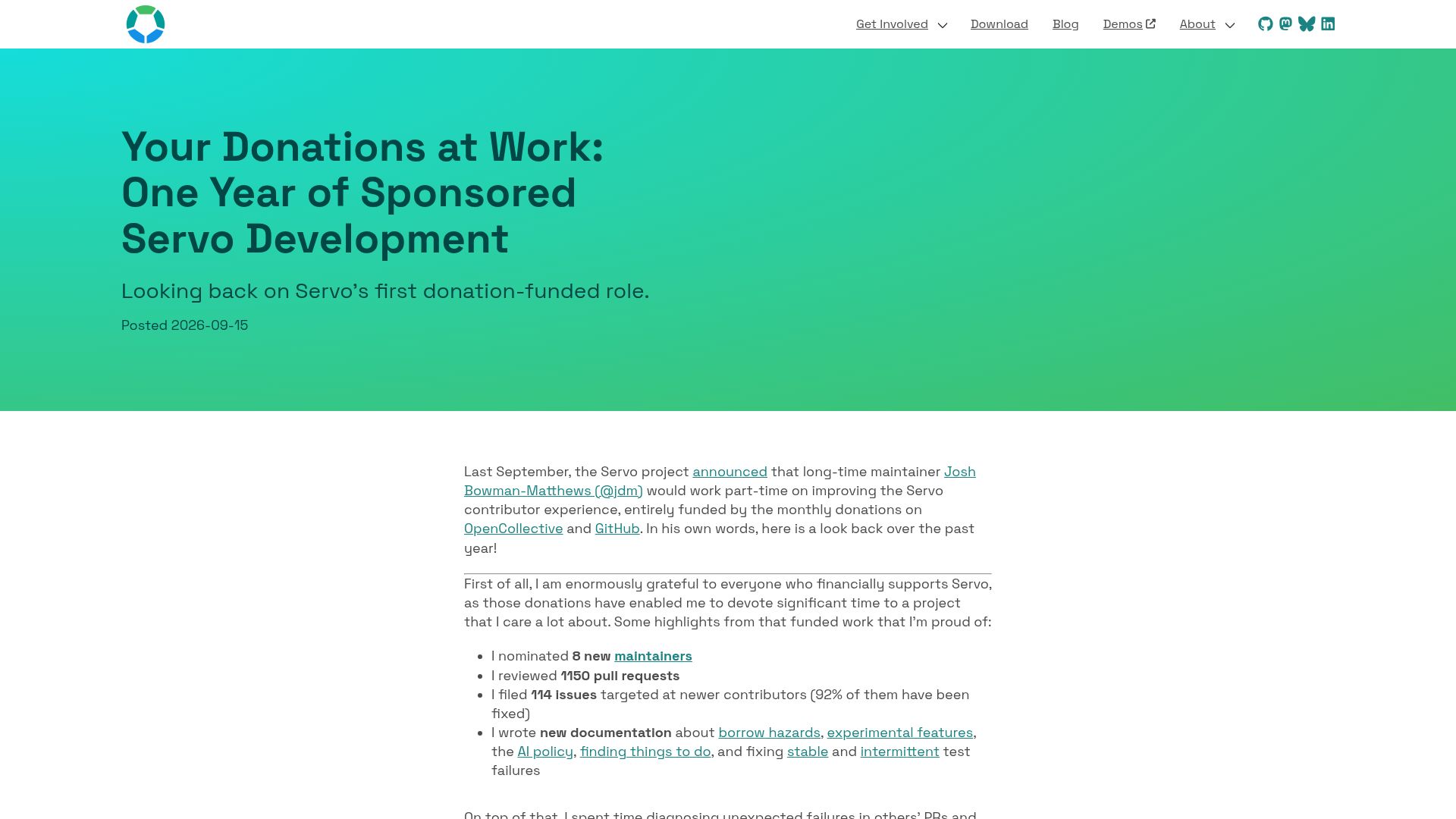Screenshot of servo.org: One year of sponsored Servo development