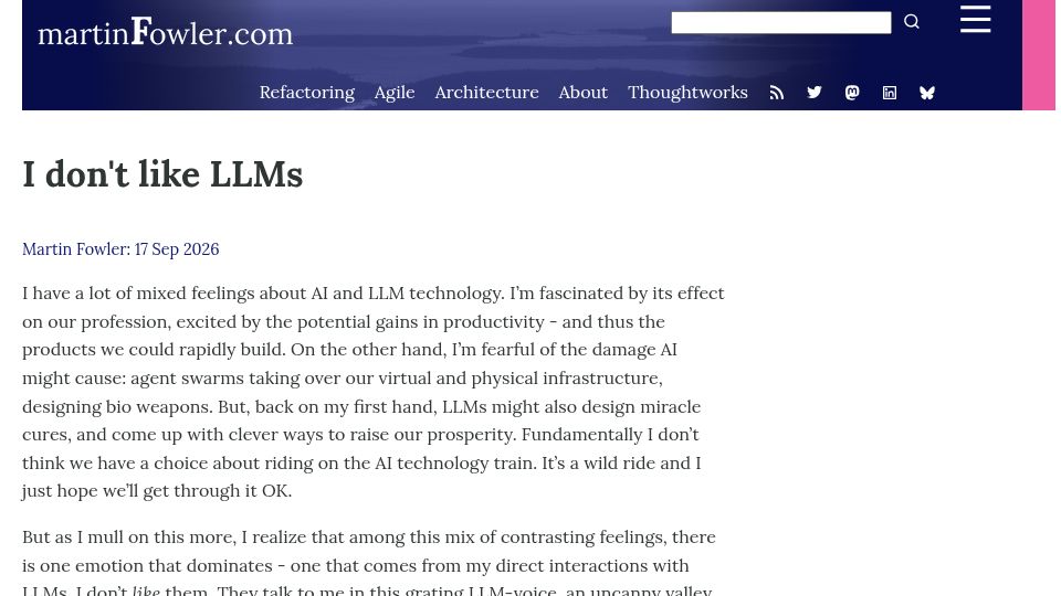 Screenshot of martinfowler.com: I Don't Like LLMs