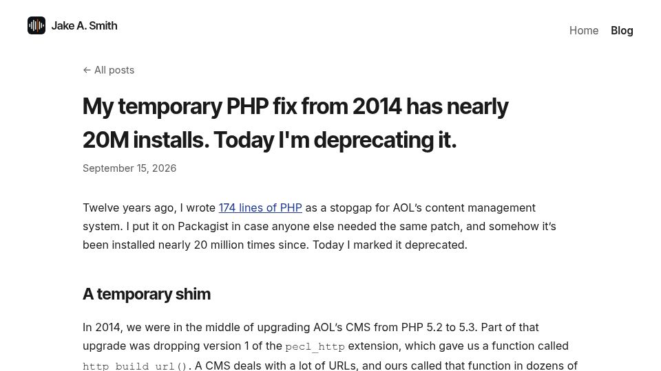 Screenshot of jakeasmith.com: My temporary PHP fix from 2014 has nearly 20M installs. Today I'm deprecating it