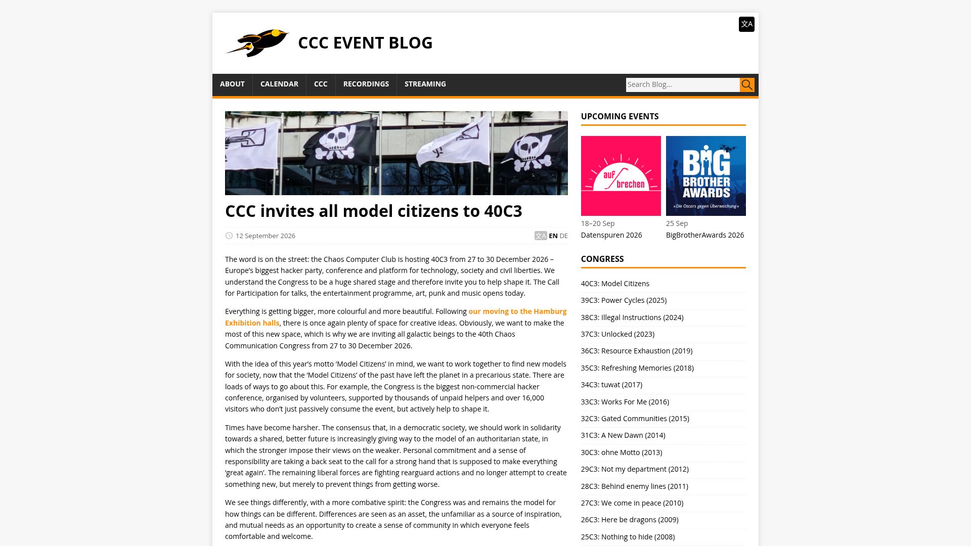 Screenshot of events.ccc.de: CCC invites all model citizens to 40C3