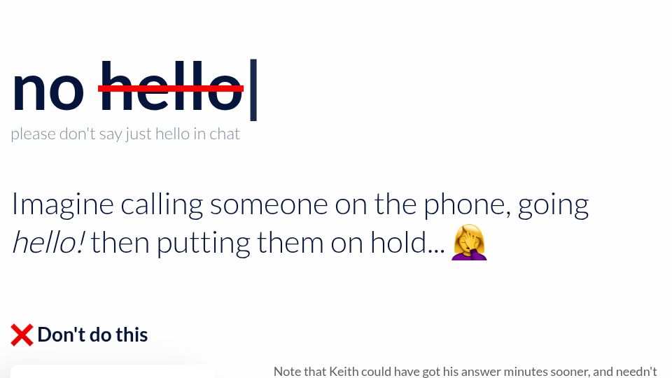 Screenshot of nohello.net: Don't Just Say Hello