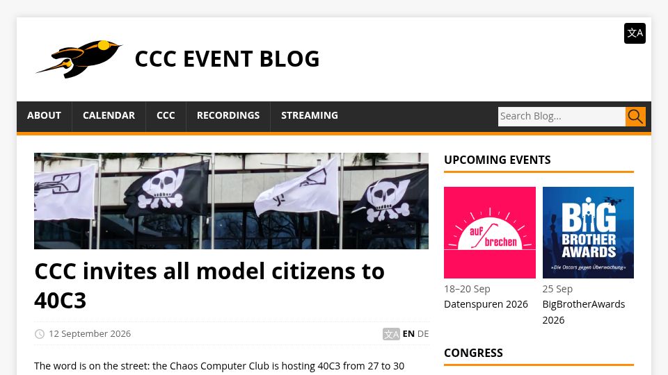 Screenshot of events.ccc.de: CCC invites all model citizens to 40C3