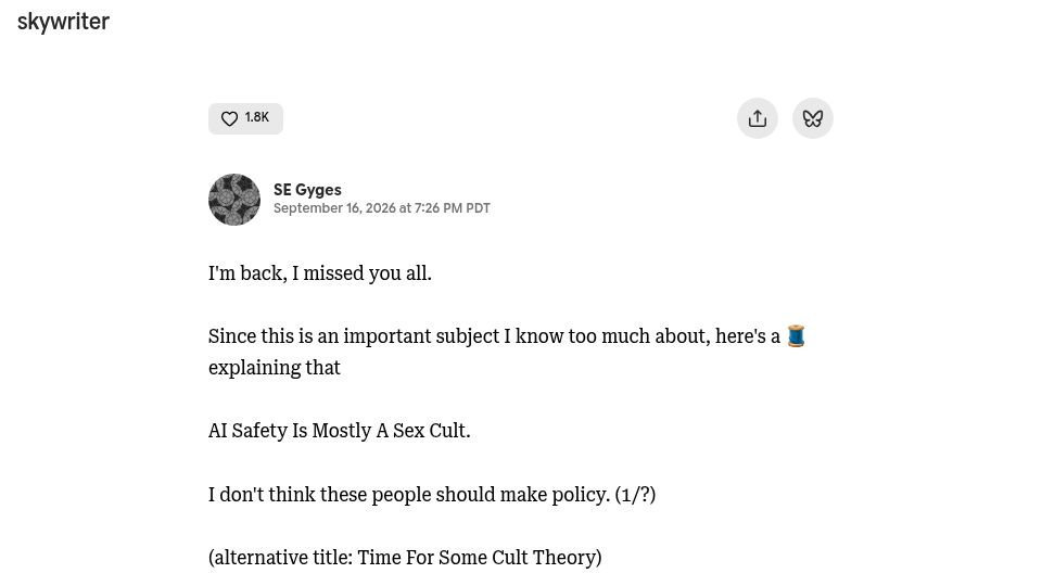 Screenshot of skywriter.blue: AI Safety Is Mostly a Sex Cult