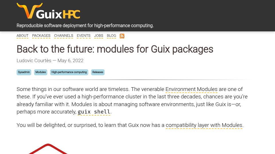 Screenshot of hpc.guix.info: Back to the future: modules for Guix packages (2022)
