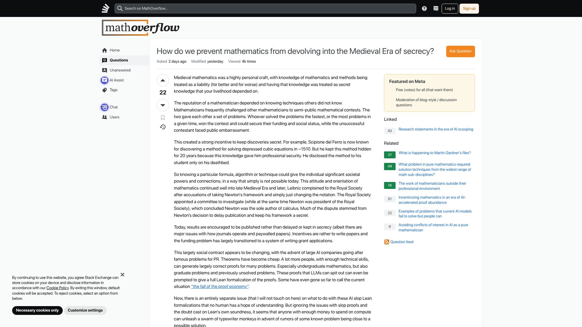 Screenshot of mathoverflow.net: How do we prevent mathemathics from devolving into the Medieval Era of secrecy?