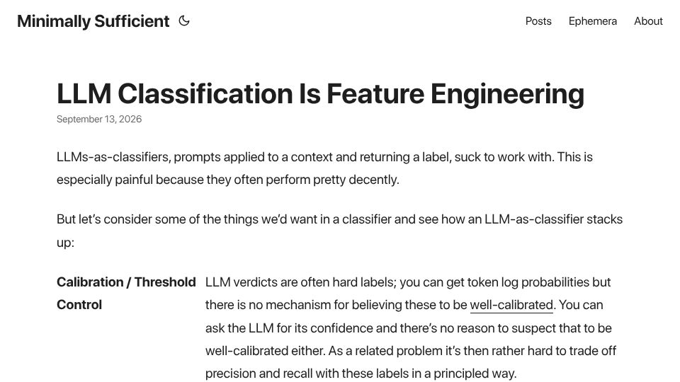 Screenshot of minimallysufficient.com: LLM Classification Is Feature Engineering