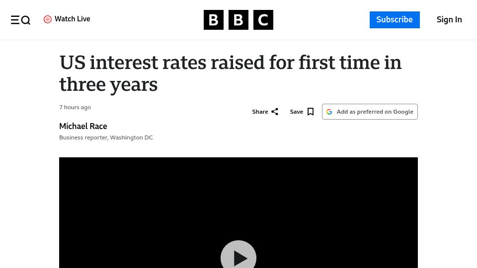 Screenshot of bbc.com: US interest rates raised for first time in three years