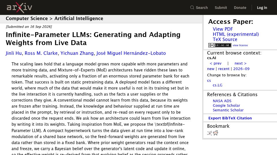 Screenshot of arxiv.org: Infinite-Parameter LLMs: Generating and Adapting Weights from Live Data