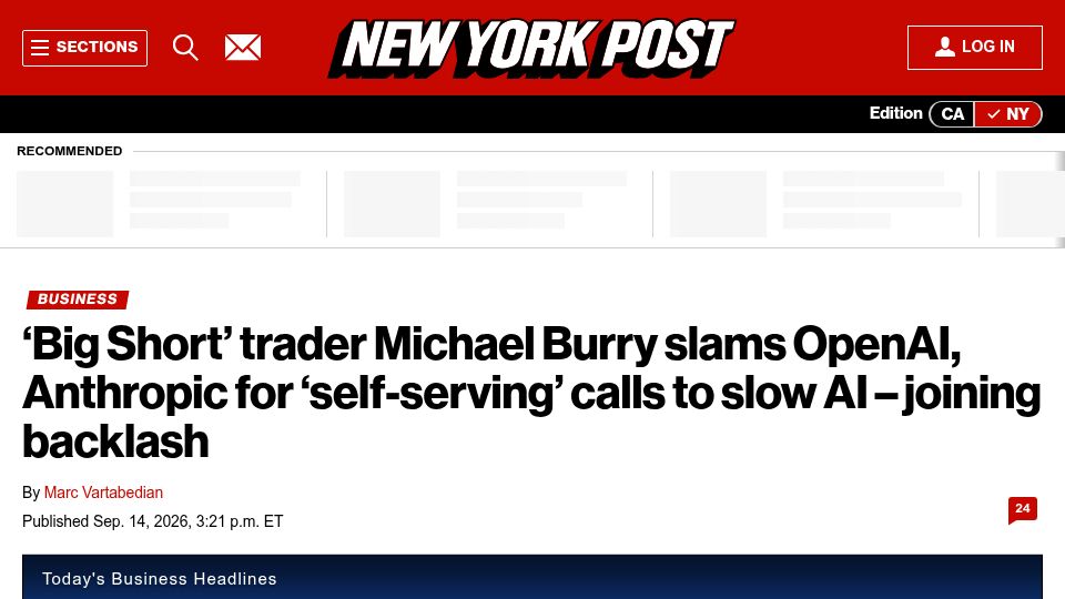Screenshot of nypost.com: Michael Burry slams OpenAI, Anthropic for 'self-serving' calls to slow AI