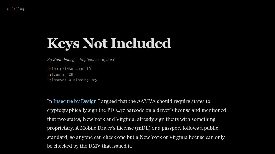 Screenshot of ryan.science: Keys Not Included: recovering the signing keys for US driver's license barcodes