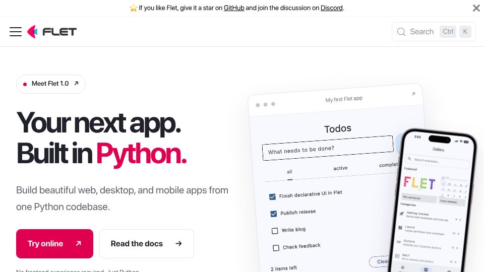 Screenshot of flet.dev: Flet 1.0 – Build cross-platform apps in Python