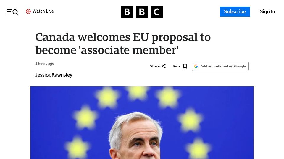Screenshot of bbc.com: Canada welcomes EU proposal to become 'associate member'