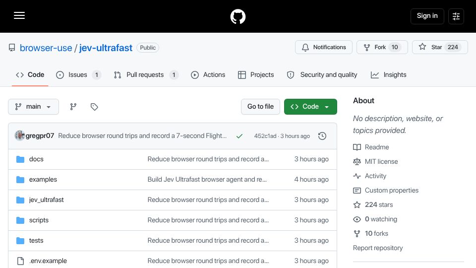 Screenshot of github.com: Jev Ultrafast: A browser agent with a dynamic, indexed action space