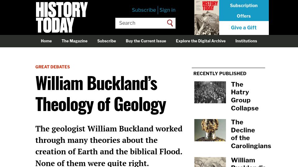 Screenshot of historytoday.com: William Buckland's Theology of Geology