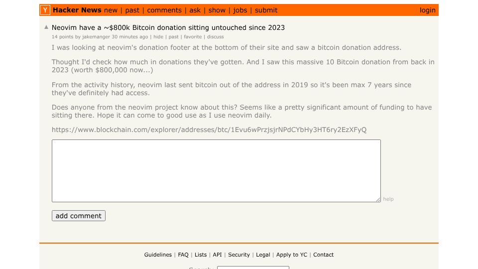 Screenshot of Hacker News post: Neovim have a ~$800k Bitcoin donation sitting untouched since 2023