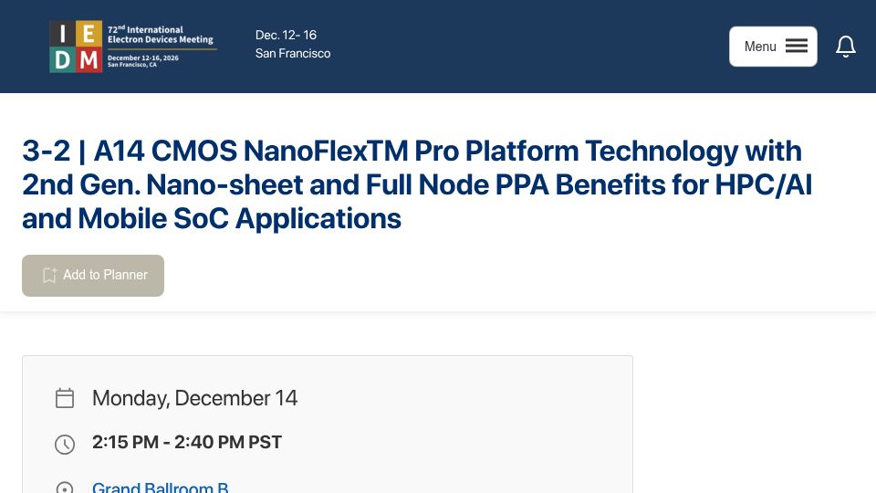 Screenshot of iedm26.mapyourshow.com: TSMC revealing details about next gen A14 node