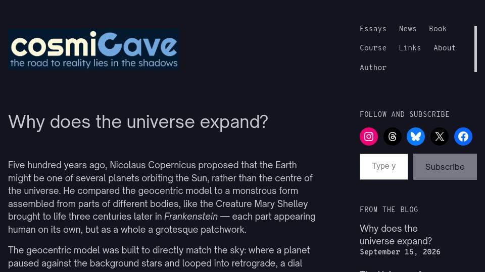 Screenshot of cosmicave.org: Why Does the Universe Expand?