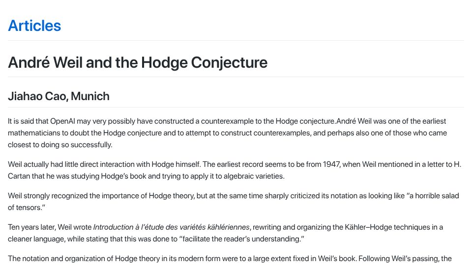 Screenshot of jiahao116.github.io: André Weil and the Hodge Conjecture