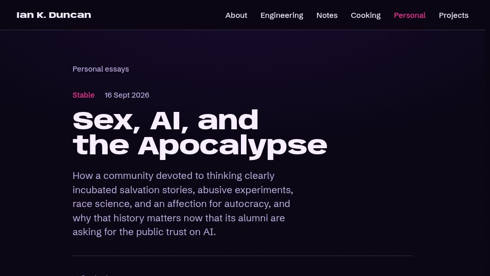 Screenshot of iankduncan.com: Sex, AI, and the Apocalypse