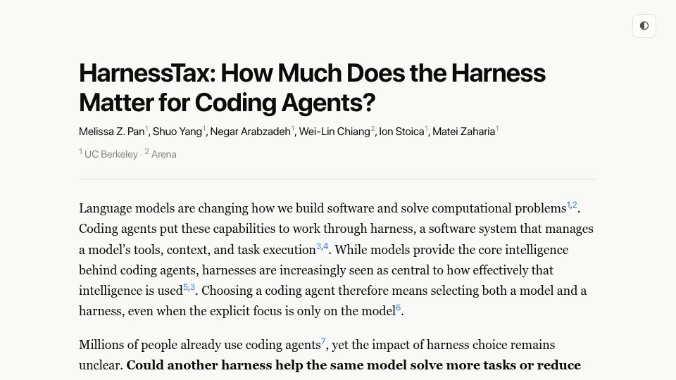 Screenshot of harnesstax.github.io: HarnessTax: How Much Does the Harness Matter for Coding Agents?
