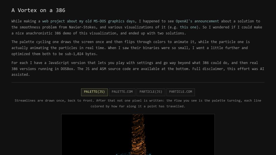 Screenshot of juandecos.github.io: Show HN: Navier-Stokes Visualized as 1kB i386 demos