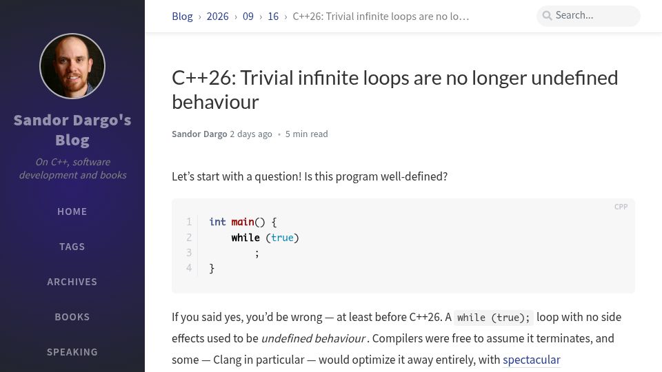 Screenshot of sandordargo.com: C++26: Trivial infinite loops are no longer undefined behaviour