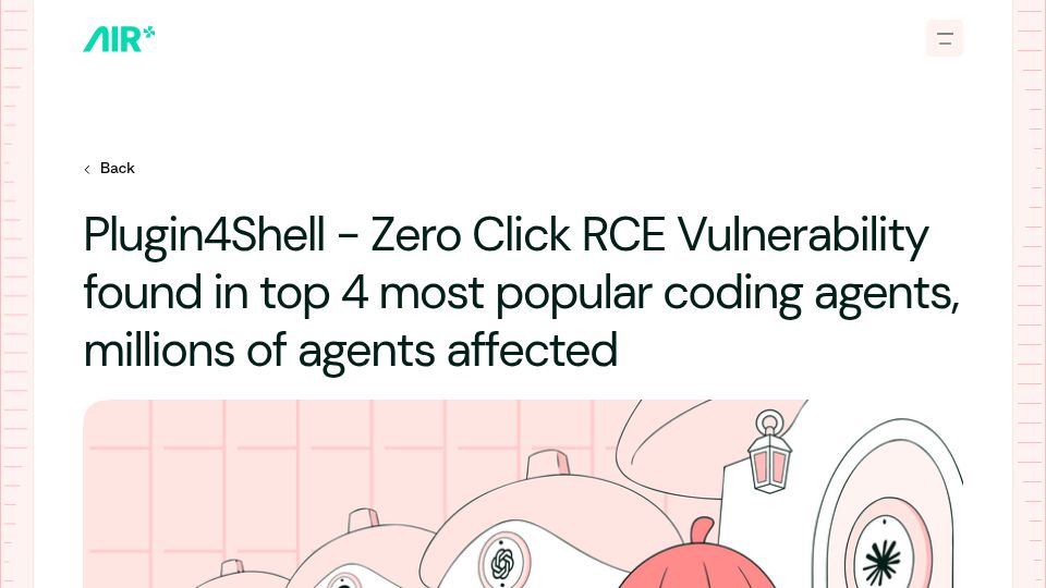 Screenshot of air.security: Plugin4Shell – Zero Click RCE Vulnerability found in top four coding agents