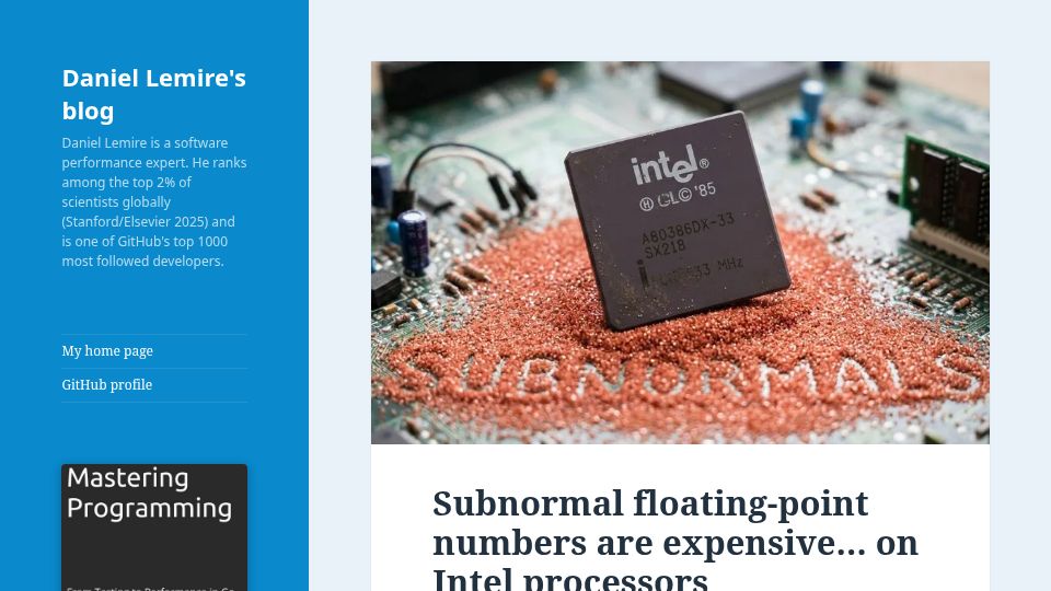 Screenshot of lemire.me: Subnormal floating-point numbers are expensive on Intel processors