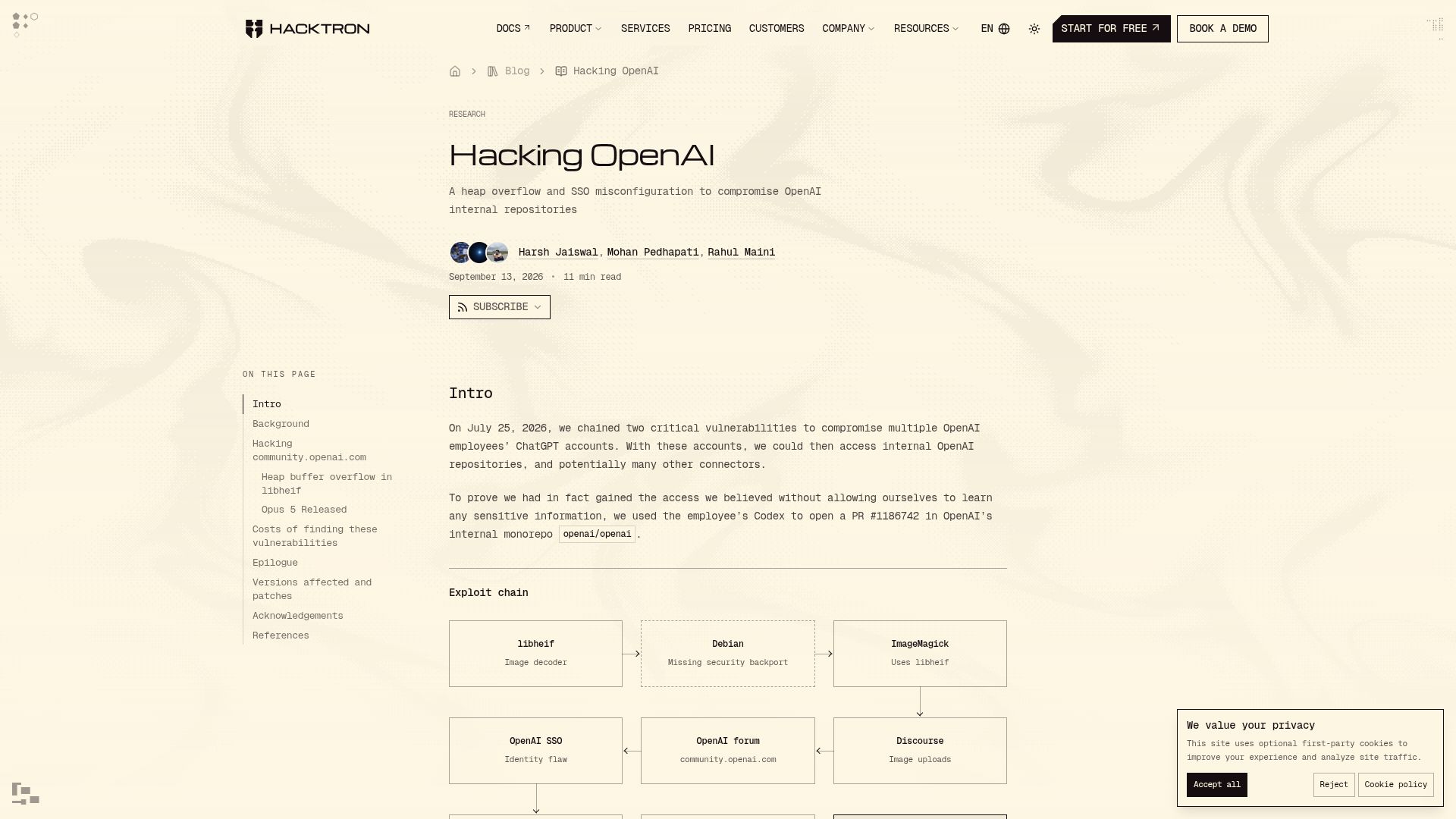 Screenshot of hacktron.ai: A heap overflow and SSO misconfiguration to compromise OpenAI internal repos