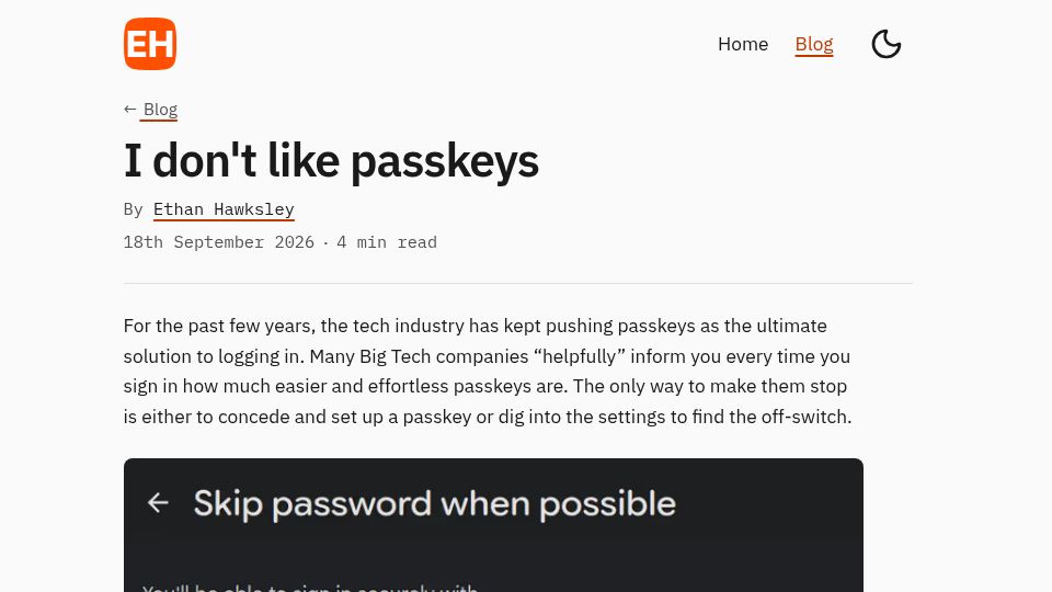 Screenshot of hawksley.dev: I don't like passkeys