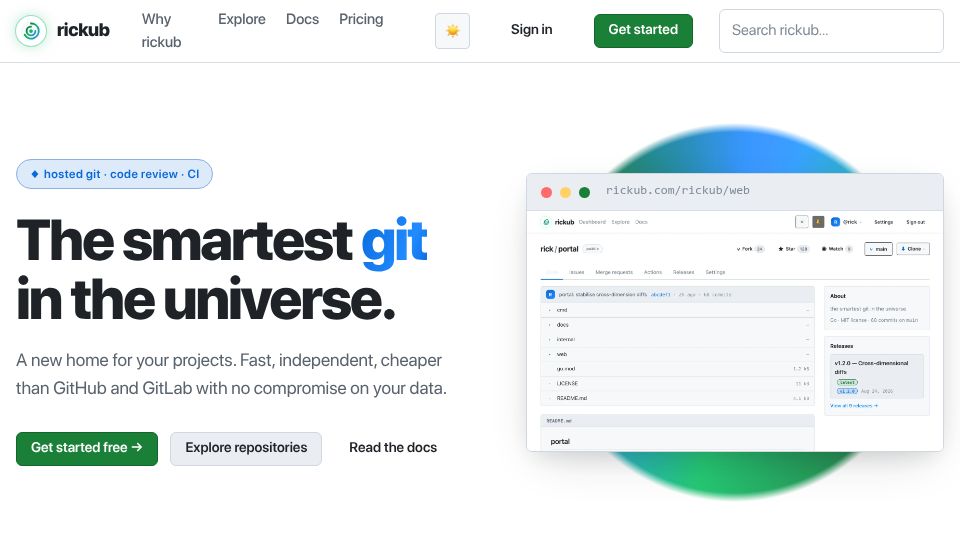 Screenshot of rickub.com: Show HN: Rickub – The Smartest Git in the Universe