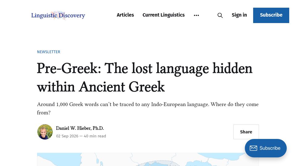 Screenshot of linguisticdiscovery.com: Pre-Greek: The lost language hidden within Ancient Greek