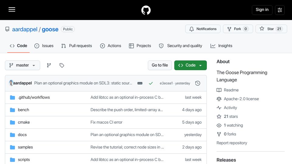 Screenshot of github.com: Goose:experimental lang 1.16x faster than C++ and 1.12x than safe Rust, mem safe