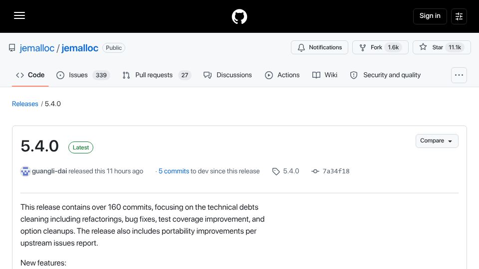Screenshot of github.com: Jemalloc 5.4.0