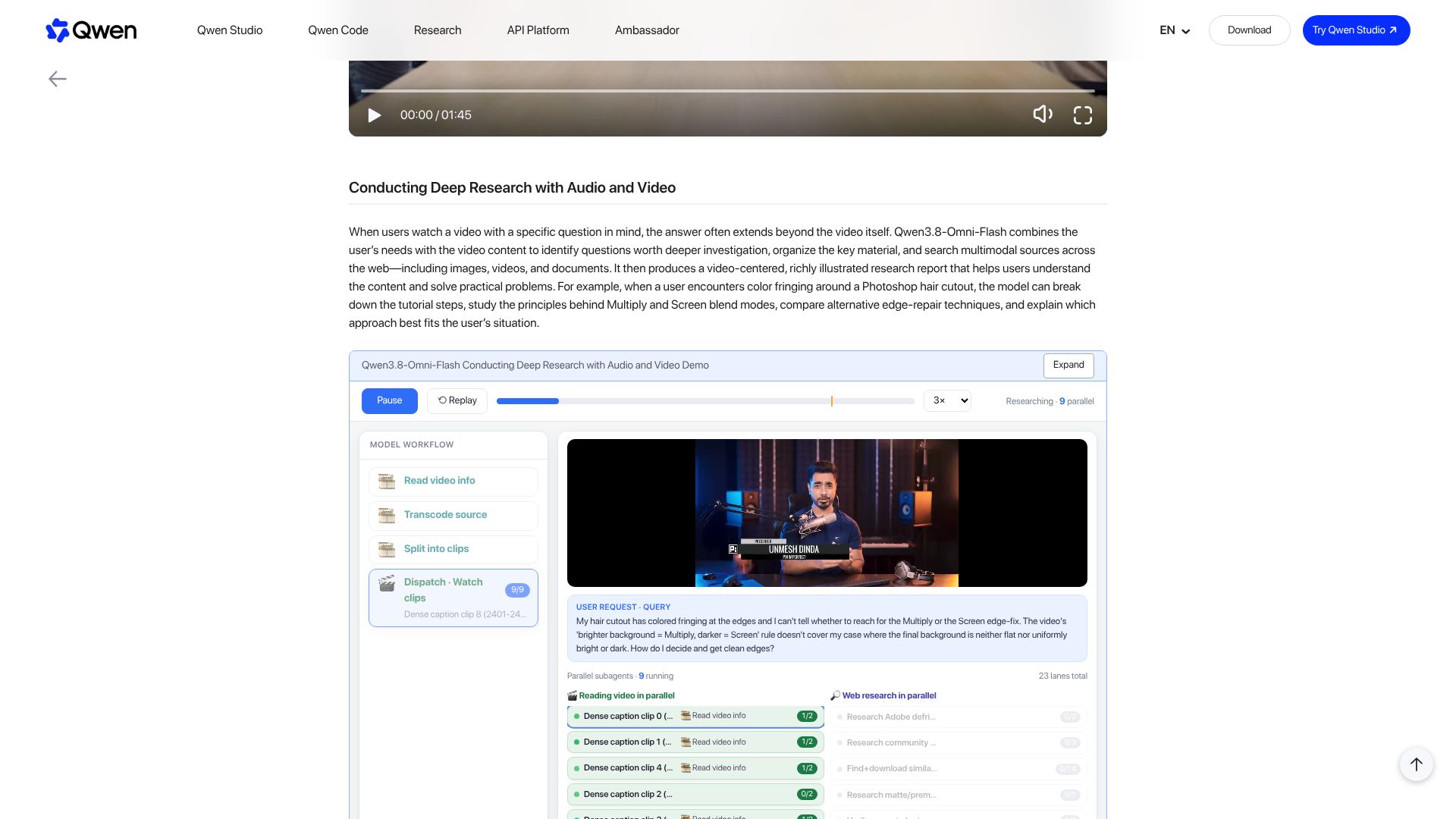 Screenshot of qwen.ai: Qwen 3.8 Omni Flash