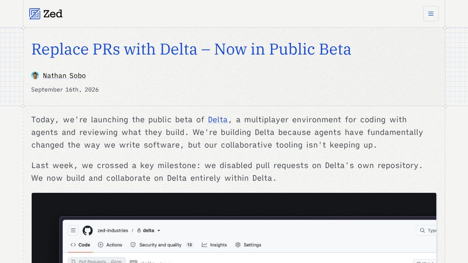 Screenshot of zed.dev: Replacing Pull Requests with Delta