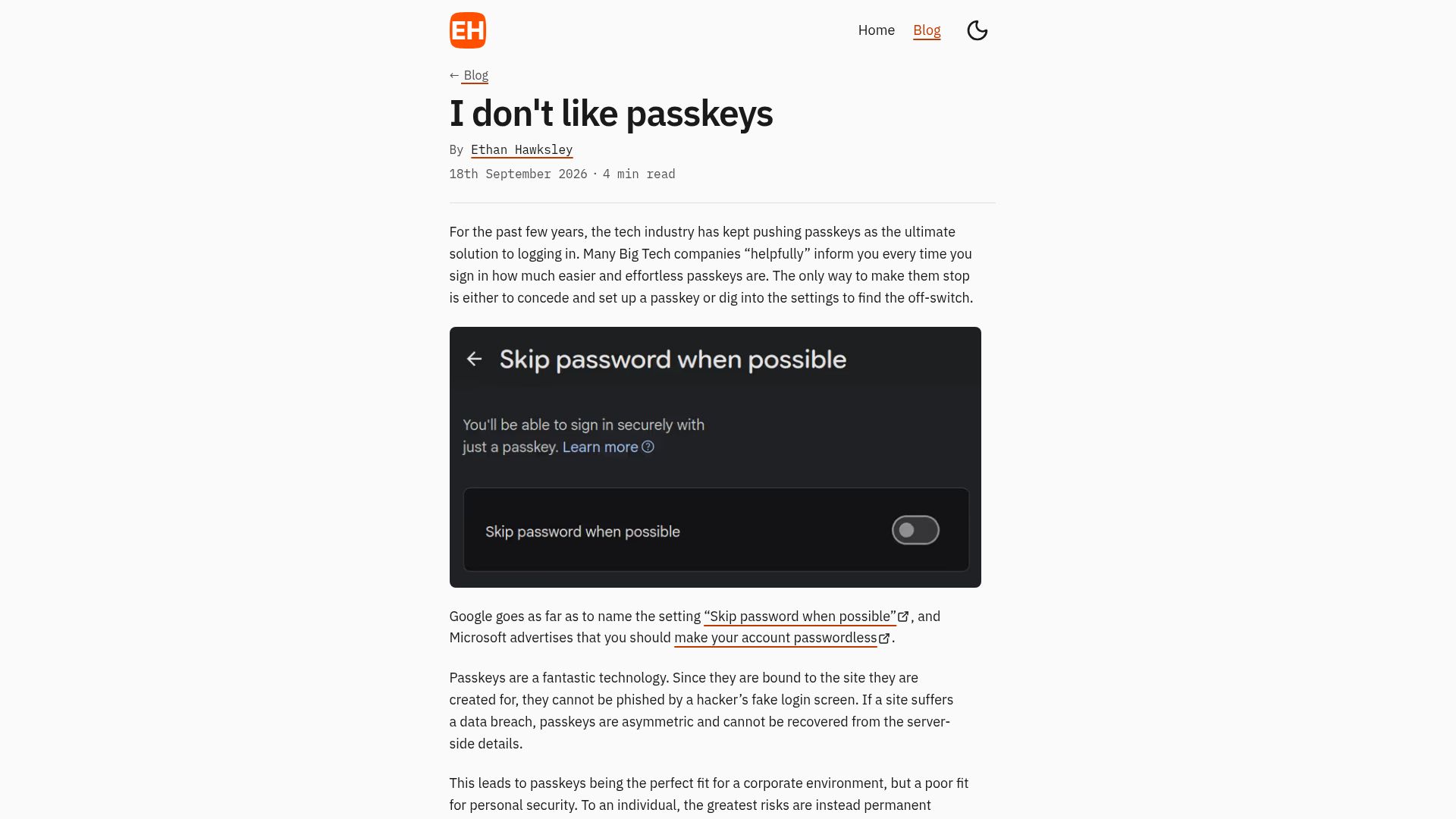Screenshot of hawksley.dev: I don't like passkeys