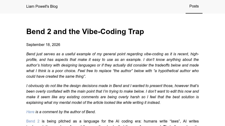 Screenshot of blog.liampwll.com: Bend 2 and the Vibe-Coding Trap