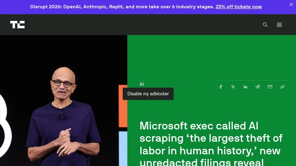 Screenshot of techcrunch.com: Microsoft exec called AI scraping 'the largest theft of labor in human history'
