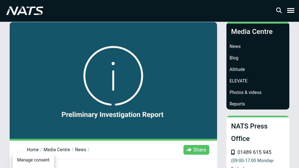 Screenshot of nats.aero: NATS publishes preliminary report on technical incident of 8 September