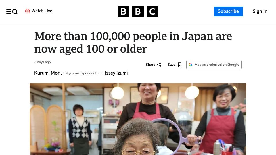 Screenshot of bbc.com: More than 100k people in Japan are now aged 100 or older