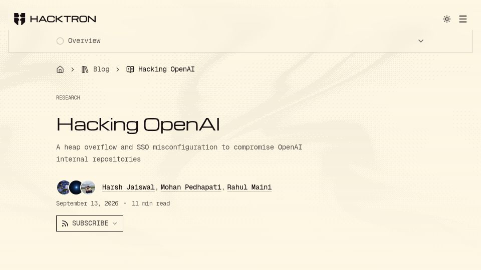 Screenshot of hacktron.ai: A heap overflow and SSO misconfiguration to compromise OpenAI internal repos