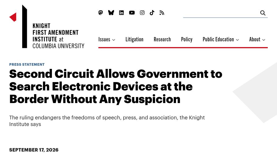 Screenshot of knightcolumbia.org: Second Circuit Allows Government to Search Electronic Devices at the Border