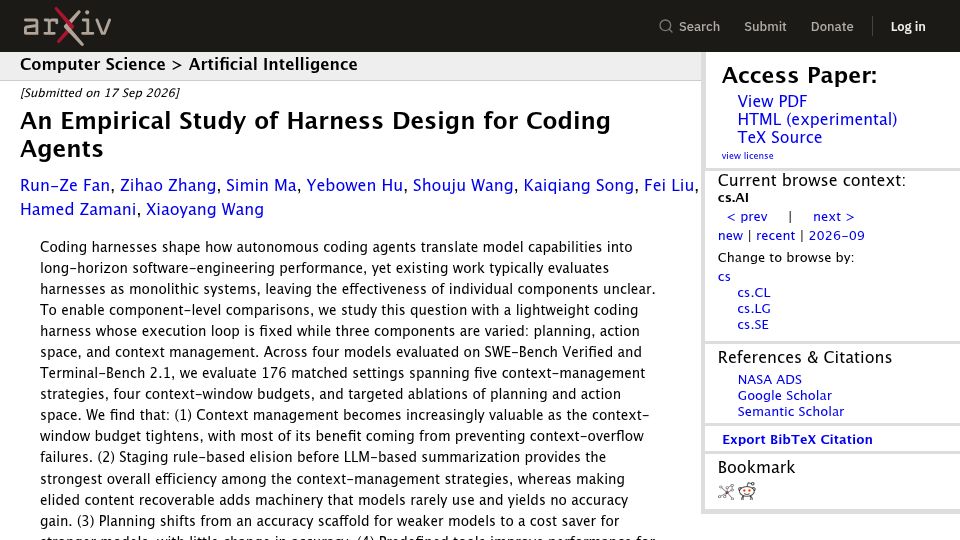Screenshot of arxiv.org: An empirical study of harness design for coding agents