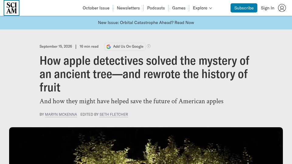 Screenshot of scientificamerican.com: Apple detectives solved mystery of ancient tree and rewrote the history of fruit