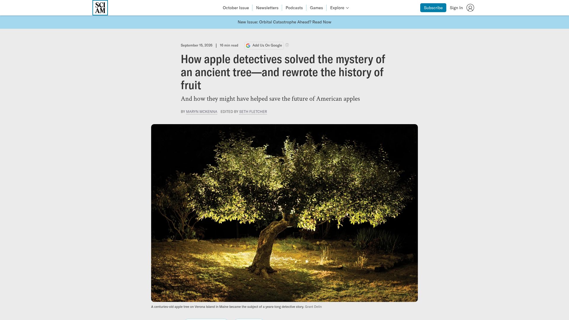 Screenshot of scientificamerican.com: Apple detectives solved mystery of ancient tree and rewrote the history of fruit