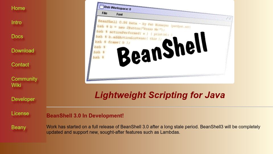 Screenshot of beanshell.github.io: BeanShell3 in Development