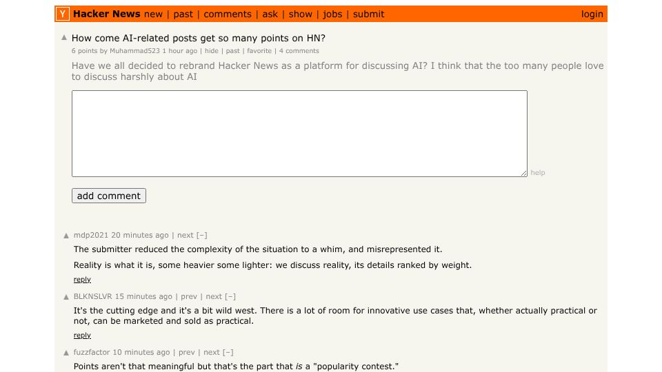 Screenshot of Hacker News post: How come AI-related posts get so many points on HN?